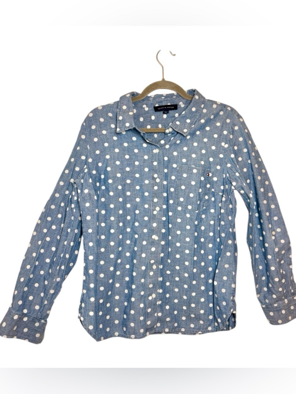 Tommy Hilfiger Blue Chambray Polka Dot Button Up Preppy Classic Large